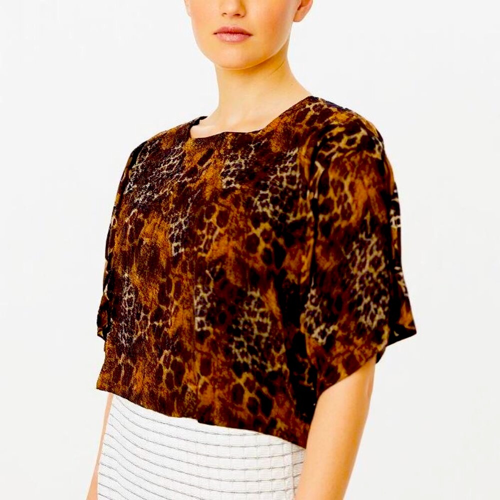 Objex Blouse Top Cropped Women's Size 2X Animal Print PullOver Stretch Roomy